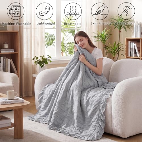 100% Organic Cotton Muslin Blanket with Ruffled Edges Soft Pleated Crinkle Bedspread for Twin & Queen Size Bed Breathable Lightweight Stylish Cotton Throw Decorative Home Gift - color: Mist Gray Ruffle Crinkle, size: Twin(60" x 80")