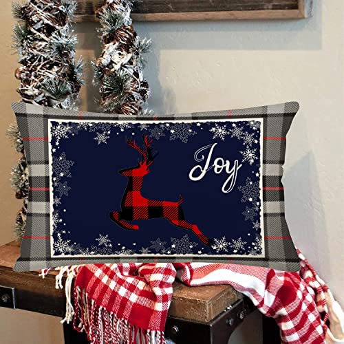 Farmhouse Christmas Red Black Buffalo Plaids Deer Pillow Covers 12x20 Inch Winter Snowflake Joy Holiday Throw Waist Pillow Cases Cotton Linen Seasonal Xmas Cushion Cover - color: Joy Deer Xmas