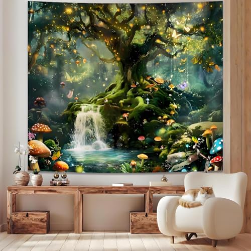 Tichgeim Forest Nature Tapestry Wall Hanging for Bedroom, Green Fantasy Tree of Life Backdrop Tapestries, Fairy Magic Mushroom Landscape Wall Mural Decor for Living Room Dorm 79" x 60" - color: Forest Tapestry, size: 79"L x 60"W