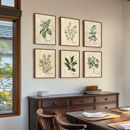 Framed Sage Green Botanical Wall Art for Kitchen, Set of 6 Rustic Herb Canvas Prints Artwork for Modern Farmhouse Walls, Herbs Spices Plant Leaf Pictures for Dining Room Living Room Bedroom Wall Decor - color: Herbs - Walnut Framed, size: 11" W x 14" H x