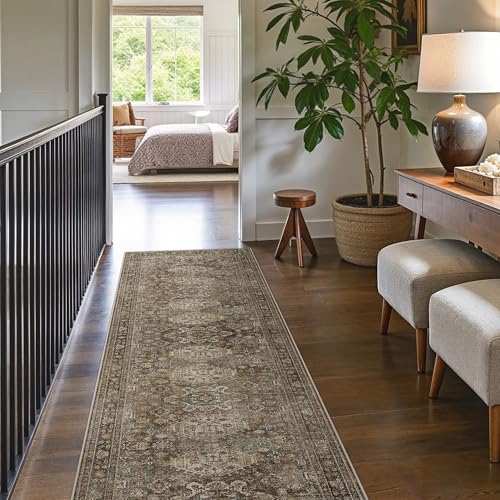 Bavni Washable Runner Rug 2’6”x8’, Non Slip Vintage Hallway Runner, Ultra Thin Low Pile Washable Carpet for Kitchen Entryway Bedroom, Brown - color: Brown, size: 2'6" x 8' (Rectangular)
