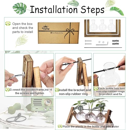 Kingbuy Plant Propagation Station, 3 Glass Bulb Vases with Wooden Stand | Boho Desktop Terrarium, Hydroponics, Home Office Window Sill Decor, Gift for Women Plant Lovers - size: 3 Bulb Vase
