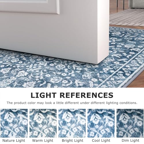 Vintage Washable 2x5 Rug, Blue and White Hallway Runner, Super Soft Non-Slip Kitchen Runner, Print Faux Wool Floral Thin Carpet for Entryway & Bedside - color: Light Denim Blue and White, size: 2' x 5' (Runner)