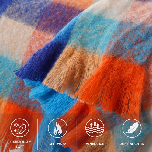 Battilo Colorful Plaid Throw Blanket for Couch Bed, Fall Blue Plaid Throw Blanket with Vibrant Colors,Super Soft Cozy Cashmere Mohair Tartan Plaid Blanket for Fall Decor Home Decor(50"x60") - color: Multi Blue