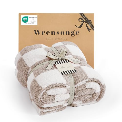 WRENSONGE Checkered Throw Blanket, Taupe Soft Cozy Fluffy Warm Throw Blankets for Couch, Sofa, Chair, Bed, Camping, Picnic, Office,Travel Lightweight Bed Blanket - 50"*60" - color: Art Taupe, size: Throw (50"x 60")
