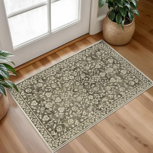 Vintage Entryway Rug Indoor, Taupe Brown Washable Rug 2x3, Small Area Rug with Non-Slip Backing, Floral Print Thin Faux Wool Super Soft Door Mat for Kitchen, Entrance, Bedroom, Office - color: Taupe Brown, size: 2' x 3' (Rectangular)