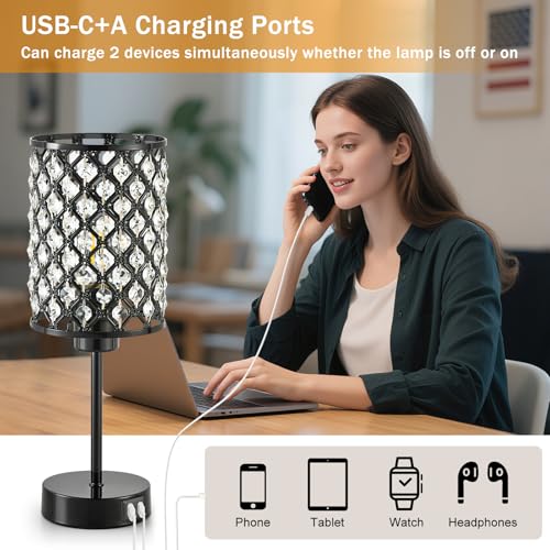 GyroVu Touch Control Table Lamp, Black Crystal Table Lamps Set of 2 with 2 USB Charging Ports, Dimmable Bedside Nightstand Lamps for Living Room, Bedroom, Guest Room, Bulbs Included - color: Black-2, size: 14.75"