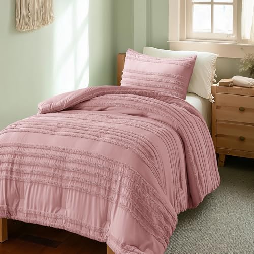 BEDELITE Boho Twin/Twin XL Comforter Set，Dusty Pink Tufted Striped Bed Set 2 Pieces, Soft Vintage Farmhouse Comforter for College, Boho Home Dorm Decor, Fluffy Jacquard Bedding with 1 Pillow Sham - color: Dusty Pink, size: Twin/Twin XL