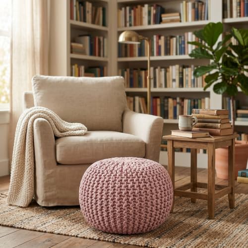 BIRDROCK HOME Round Pouf Ottoman Foot Rest - 18.5”x18.5”x15” Boho Compact Comfortable Soft Cotton Braided Foot Stool with Bean Bag Filling for Living Room, Bedroom, or Nursery (Dusty Rose) - color: Dusty Rose