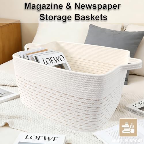 96L Large Blanket Basket,24"x16"x15"Rectangle Storage Bin with Handles,Woven Rope Laundry Basket for Toys, Clothes,Magazines,Home Organization,Nursery,Living Room & Bedroom,White&Yellow - color: White & Yellow, size: 24"x16"x15"(96L)