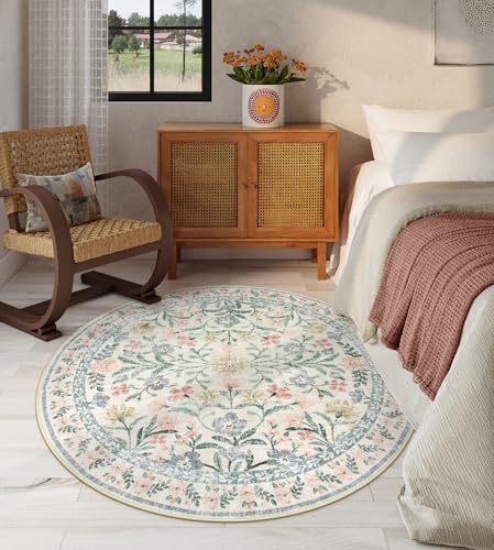 Lahome Sylvie Round Boho Floral Rugs 4ft, Cream Washable Circle Rugs for Bedroom Nursery, Vintage Beige Circular Carpet, Soft Non-Slip Carpet for Kids Room Playroom Calm Corner, Beige - color: Beige, size: 4' (Round)