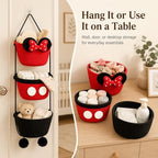 3 Tier Hanging Basket Organizer, Over the Door Woven Storage Baskets with Hooks, Cute Bow Wall Hanging Basket for Nursery Organization, Playroom Storage, Bathroom and Bedroom, Red Black