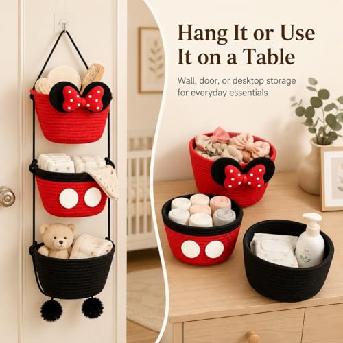3 Tier Hanging Basket Organizer, Over the Door Woven Storage Baskets with Hooks, Cute Bow Wall Hanging Basket for Nursery Organization, Playroom Storage, Bathroom and Bedroom, Red Black