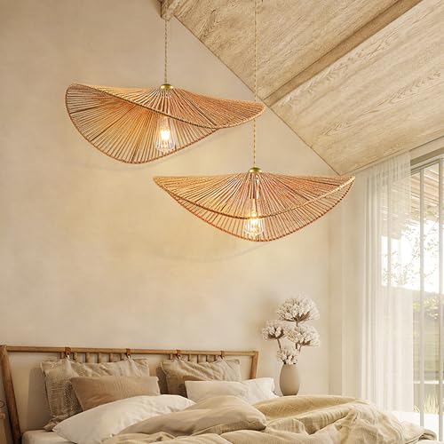 Boho Rattan 17-inch Pendant Light E26 lamp holder,height adjustable Restaurant chandelier Rattan light fixture Chandelier Woven Hanging Light Fixture for Bedroom Entryway Nursery Kitchen Island - color: Light Brown, size: 17-inch
