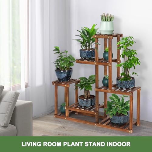Wood Plant Stand Indoor Outdoor Multi Tiered Corner Plant Shelf Holder High Low Flower Rack Stand for Indoor Multiple Plants 9 Potted Organize Shelves in Living Room Garden Balcony Patio Yard