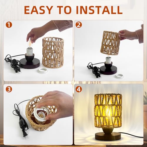 Small Rattan Lamp for Bedroom,Boho Table Lamp for Living Room,Dimmable Woven Bedside Lamp for Nightstands, Handmade Farmhouse Wicker Bamboo Table Lamp for Room Office Decor (LED Bulb Included) - style: B