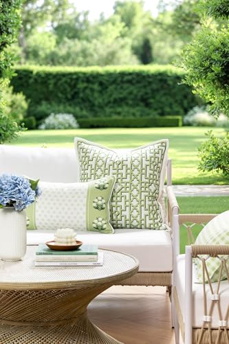 Hofdeco Premium Grandmillennial Coastal Hampton Patio Indoor Outdoor Lumbar Pillow Cover Only, 12"x20" Water Repellent for Backyard, Couch, Poolside, Green Print Block Print Striped Lily of the Valley - color: Grass Green Block Print Striped Lily of the V