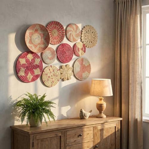 Tatuo 11 Pcs Boho Wall Basket Decor Bulrush Woven Wall Hanging Art Round Farmhouse Rustic Handmade Wicker for Summer Home, Bedroom, Living Room, Kitchen Decorations, Multi Sizes(Pink) - style: Pink