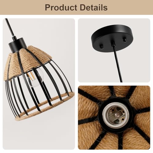 OCIOC Mini Hemp Rope Woven Pendant Light, Boho Chanderlier Light Fixture, 6.9 Inch Farmhouse Rattan Adjustable Height Hanging lamp for Kitchen Island Bedroom, Dining Room, Living Room, Entryway, Foyer - size: 5.5
