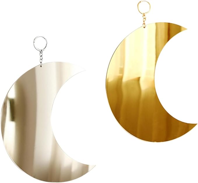2pcs Boho Moon Mirror Wall Decor Acrylic Decorative Hanging Mirrors for Bedroom and Lounge Stylish Wall Art with Gold Silver Finish Space-Saving Home Decoration