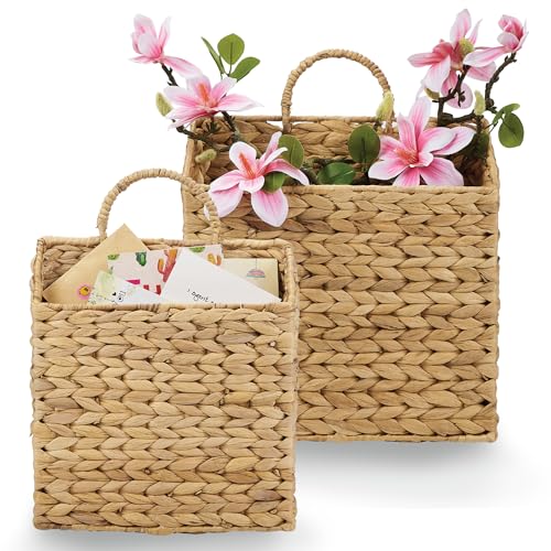 Set of 2 Wicker Hanging Basket for Organizing, Front Door, Mail, Flowers - Woven Wall Baskets for Storage - color: Natural (Water Hyacinth)