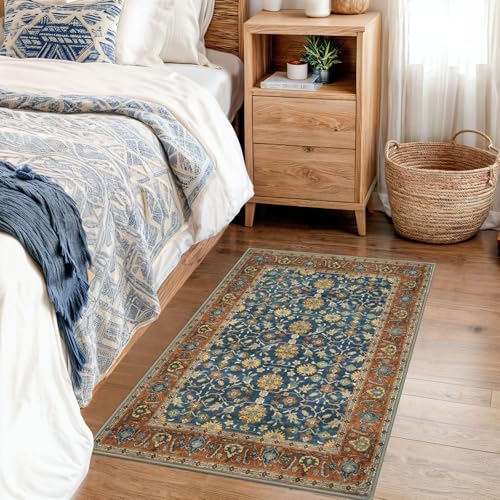 KUTA Vintage 2x3 Rugs for Entryway, Non-Slip Washable Kitchen Area Rug & Indoor Door Mat with Floral Print, Blue Terracotta Ultra Thin Soft Low-Pile Throw Rug for Front Door, Bedside, Small Spaces - color: Blue Terracotta, size: 2' x 3' (Rectangular)