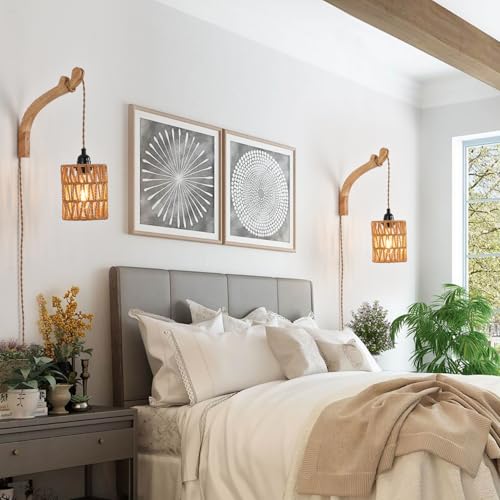 Plug in Wall Sconce,Farmhouse Wicker Wall Lamp Plug in,Hand Woven Rattan Wall Light Farmhouse Rustic Boho Sconces Wall Lighting for Living Room Bedroom - color: Wood+Rattan, size: 1 PACK