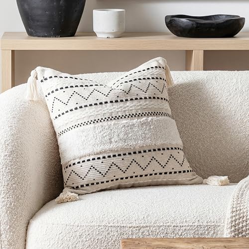 BlissBlush 18X18 Throw Pillow Cover, Cream Neutral Square Decorative Cushion Cover with Black Pattern, Boho Accent Pillowcase with Tufted Details and Tassels for Couch Sofa Living Room (Cover Only) - color: Black, size: 18" x 18" (Pack of 1)