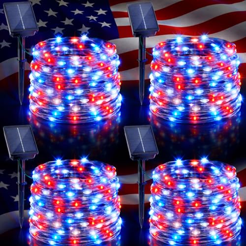 4 Pack Red White and Blue Solar Fairy Lights, 131ft 400LED 4th of July Solar String Lights Waterproof with 8 Modes, Green Wire Outdoor Patriotic Lights for Memorial Day Independence Day Decor - color: Red Blue White