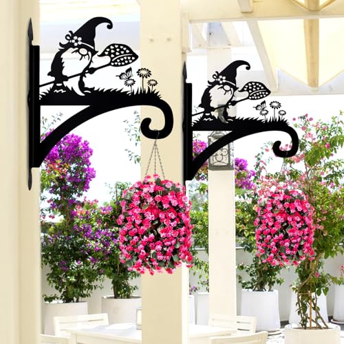 Plant Hangers Outdoor Heavy Duty Iron Decorative Gnome Silhouette Pot Hangers for Plants 11 inch Hanging Plant Bracket Wall Plant Hanger for Bird Feeder Flower Pot Lantern Wind Chimes - color: Gnome & Butterfly