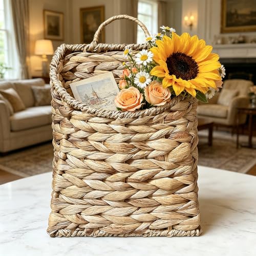 Boho Wall Hanging Basket, Water Hyacinth Woven Basket for Front Door, Flat Back Wall Mounted Entryway Organizer, Storage for Flowers, Plants, Farmhouse, Home Decor