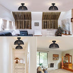Rattan Ceiling Light Fixtures 2 Packs-Black Rustic Woven Basket Flush Mount Ceiling Light, Handmade Wicker Ceiling Lamp, Rattan Chandelier For Kitchen Island, Hallway, Living Room, Bedroom, E26 Base - color: Black