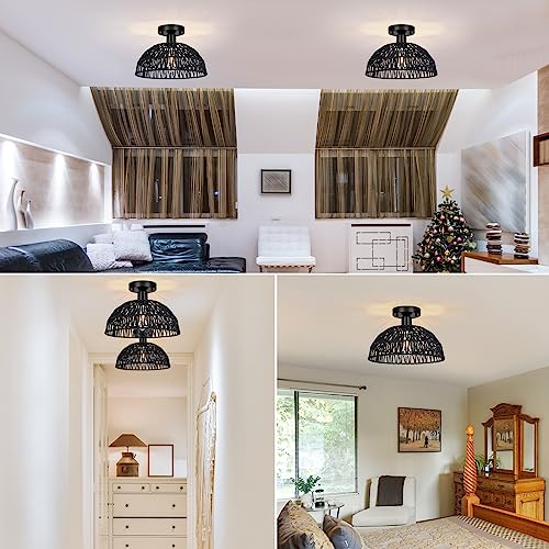 Rattan Ceiling Light Fixtures 2 Packs-Black Rustic Woven Basket Flush Mount Ceiling Light, Handmade Wicker Ceiling Lamp, Rattan Chandelier For Kitchen Island, Hallway, Living Room, Bedroom, E26 Base - color: Black
