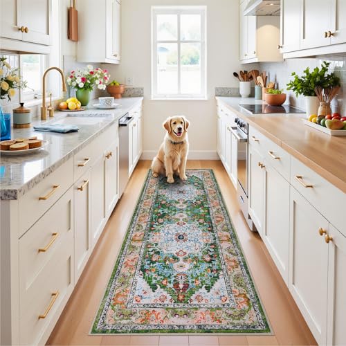 U'Artlines 2' x 6' Boho Hallway Runner Rug, Non Slip Washable Vintage Farmhouse Kitchen Rug Accent Area Carpet for Entryway Laundry and Living Room (Green) - color: Green, size: 2' x 6' (Runner)