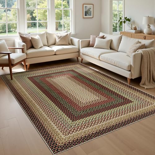 Ileading Faux Braided Area Rug 5'x8' Washable Farmhouse, No-Shed Non-Slip Woven Carpet, Pet Friendly Stain Resistant Jute Style Rug for Living Room Dining Bedroom Office - color: Multi Color-red, size: 5' x 8'(Rectangular)
