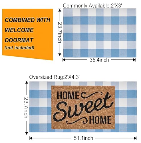 Light Blue and White Outdoor Rug 24''x35'' Buffalo Plaid Porch Mat Cotton Woven Washable Carpet for Layered Doormat Hello/Welcome Door Mat,Kitchen,Farmhouse,Entryway - color: Light Blue, size: 24''x 35''