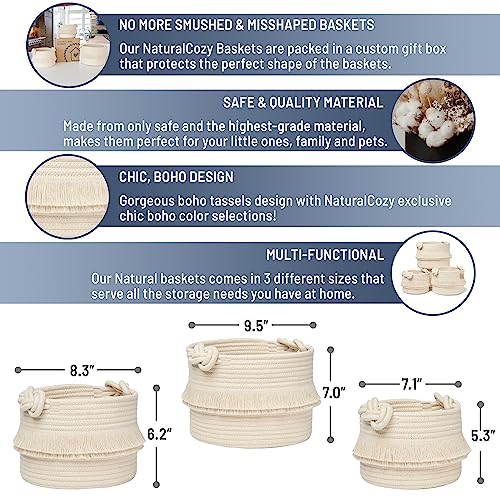 NaturalCozy 3-Piece Boho Decor Storage Basket Set – Cotton Rope Woven Baskets for Organizing! Small Baby Stuff, Shower, Gift Basket, Nursery Planter, Toy Shelves - color: Beige