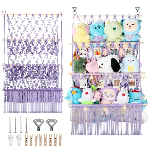 3 Tier Stuffed Animal Storage Shelf Net, 24x39 Inch Large Stuffy Storage w/ LED Light & Clips for Mini Medium Plushie Teddy, Purple Boho Macrame Wall Stuffed Animal Holder Display for Kids Girls Boys - color: Light Purple, size: Large-3 Tier-24x39 Inch