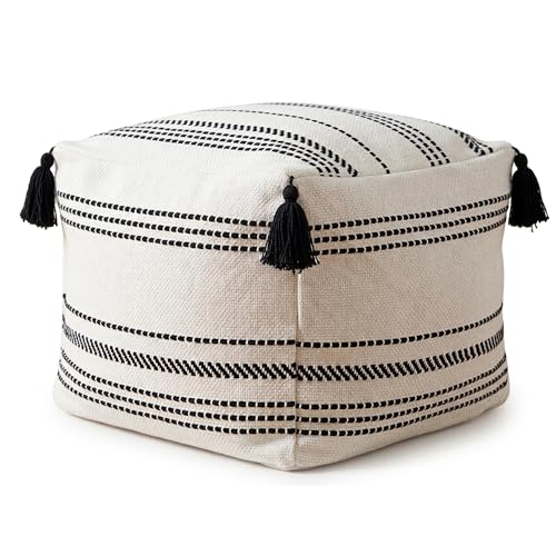 MOCOFO Boho Square Pouf Cover Unstuffed – Tufted Woven Ottoman Footstool with Corner Tassels, Storage Bean Bag Floor Cushion for Living Room Bedroom, 18"x18"x16" (Cover Only) - color: Black, size: 16"D x 18"W x 18"H