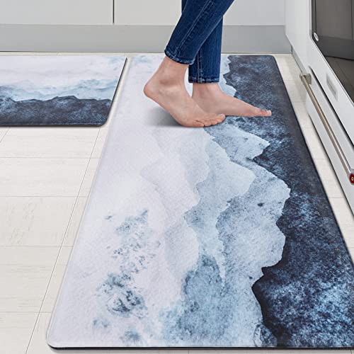 MAYHMYO Anti Fatigue Kitchen Mat - Set of 2 - Blue Mountains Design Comfort Mats - Cushioned, Non Slip Floor Mat - color: Blue Mountains, size: 29"L X 17.3"W X 0.4"Th + 47"L X 17.3"W X 0.4"Th