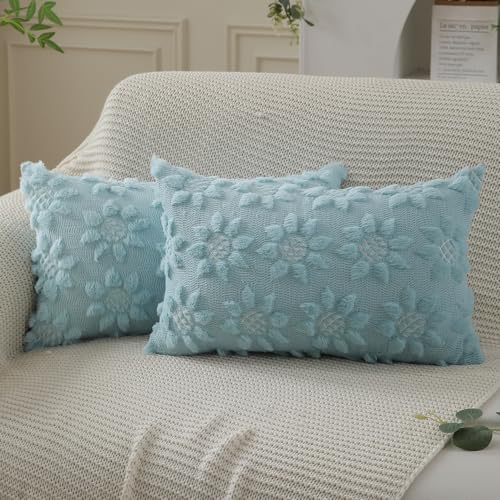DFXSZ Spring Summer Pillow Covers 12x20 inch Set of 2 Farmhouse Decor White Flower Heart Sunflower Blue Soft Plush Faux Fur Jacquard Throw Pillows for Sofa Holiday Spring Home Decor PTK024G12 - color: Blue, size: 20" x 12" (Pack of 2)