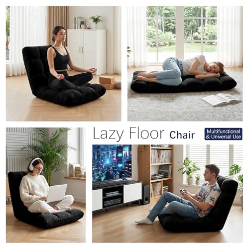 Folding Floor Chair 14-Position Cushioned Adjustable Floor Lazy Sofa Chair w/Breathable Cotton & Skin-Friendly Coral Velve for Adults & Kids Ideal for Reading Meditating，Black - color: Black