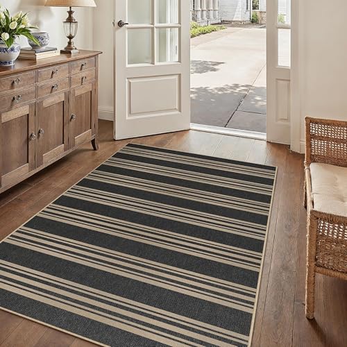 PureCozy Striped Easy Jute Rug 4x6 Black Entryway Carpet Washable Non Slip Office Door Mat Farmhouse Neutral Non Shedding Small Indoor Outdoor Rug for Bathroom Kitchen Bedroom Living Room - color: Black/Striped, size: 4' x 6' (Rectangular)