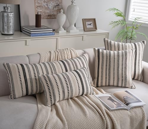 Cethom Black Boho Lumbar Pillow Covers 14x36 Long, Stripe Textured Decorative Couch Pillow Cases for Bed, Sofa, Living Room, Bedroom, Farmhouse Home Accent Cushion Covers, Pack of 1 - color: Black, size: 36" x 14" (Pack of 1)