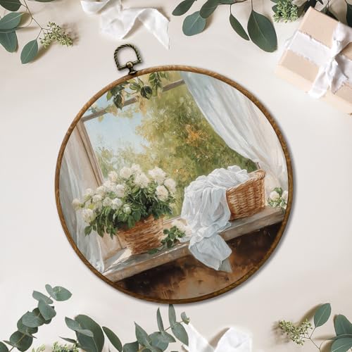 JUIOEIU Vintage Laundry Room Round Wall Decor,Rustic Farmhouse Framed Canvas Prints, Country Cottagecore Landscape Floral Wall Art Hanging Decorations for Washroom Bathroom Laundry Room Decor, 10x10in - color: Laundry room02