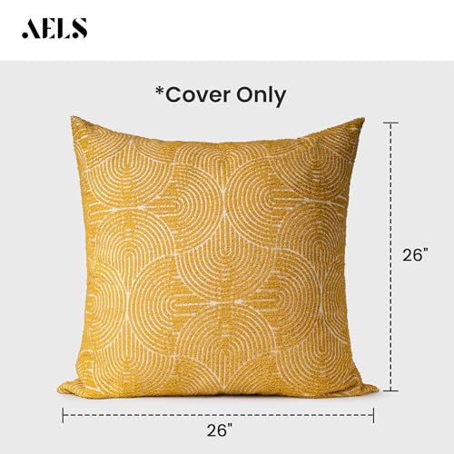 AELS Boho Decorative Textured Throw Pillow Covers 26x26, Organic Modern Mid Century Rainbow Tufted Pillow Case, Farmhouse Rustic Geometric Woven Cushion Case for Bed Couch Sofa, Mustard Yellow - color: Mustard Yellow, size: 26" x 26" (Pack of 2)