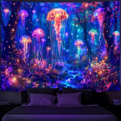 Simpkeely Blacklight Jellyfish Forest Tapestry, UV Reactive Fantasy Vibrant Neon Art Decor, Glow in The Dark Aquatic Life Wall Hanging Tapestries for Bedroom, Living Room - 70.9" x 90.6" - color: Jellyfish, size: 90.6"L x 70.9"W