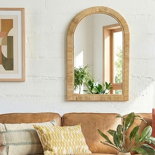 24x36 inch Rattan Arched Mirror for Wall, Bohemia Bathroom/Farmhouse Boho Mirrors, Vanity Irragular Decorative Arched Mirror, Suitable for, Bedroom, Living Room, Home Decoration - color: Arched 36*24