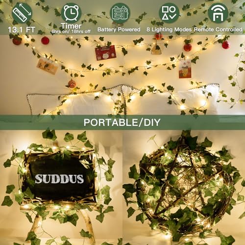 suddus Vine with Fairy Lights Battery Operated, 13.1ft 40 LED Ivy String Light with Remote, Leaf Lights for Bedroom, Room, Wall, Garden, Party, Wedding Dorm Decor (Warm White) - color: IVY, size: 40 LED-Battery-Copper
