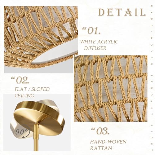 18 inch Natural 3 Light Rattan Light Fixture Woven Pendant Lights Rattan Farmhouse Chandeliers Fabric Shade Boho Chandelier for Dinning Room Kitchen - color: 18"-Natural-Prism